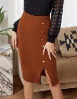 Kate Kasin Women Knit Pencil Skirt Knee Length High Waisted Slit Bodycon Sweater Skirts with Buttons - Image 2